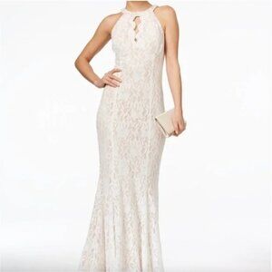 Long Glitter Lace Halter Ivory white Dress with Keyhole Neck